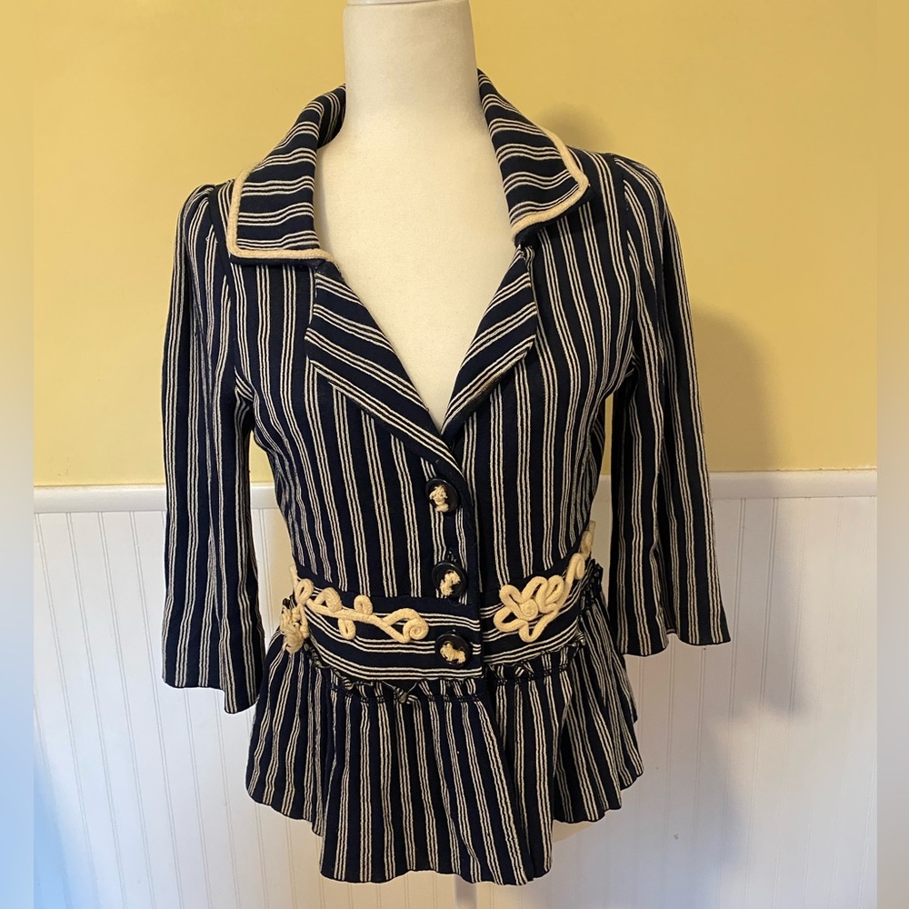 Anthropologie Nautical Navy Striped Knit Jacket. Size M. Rare!